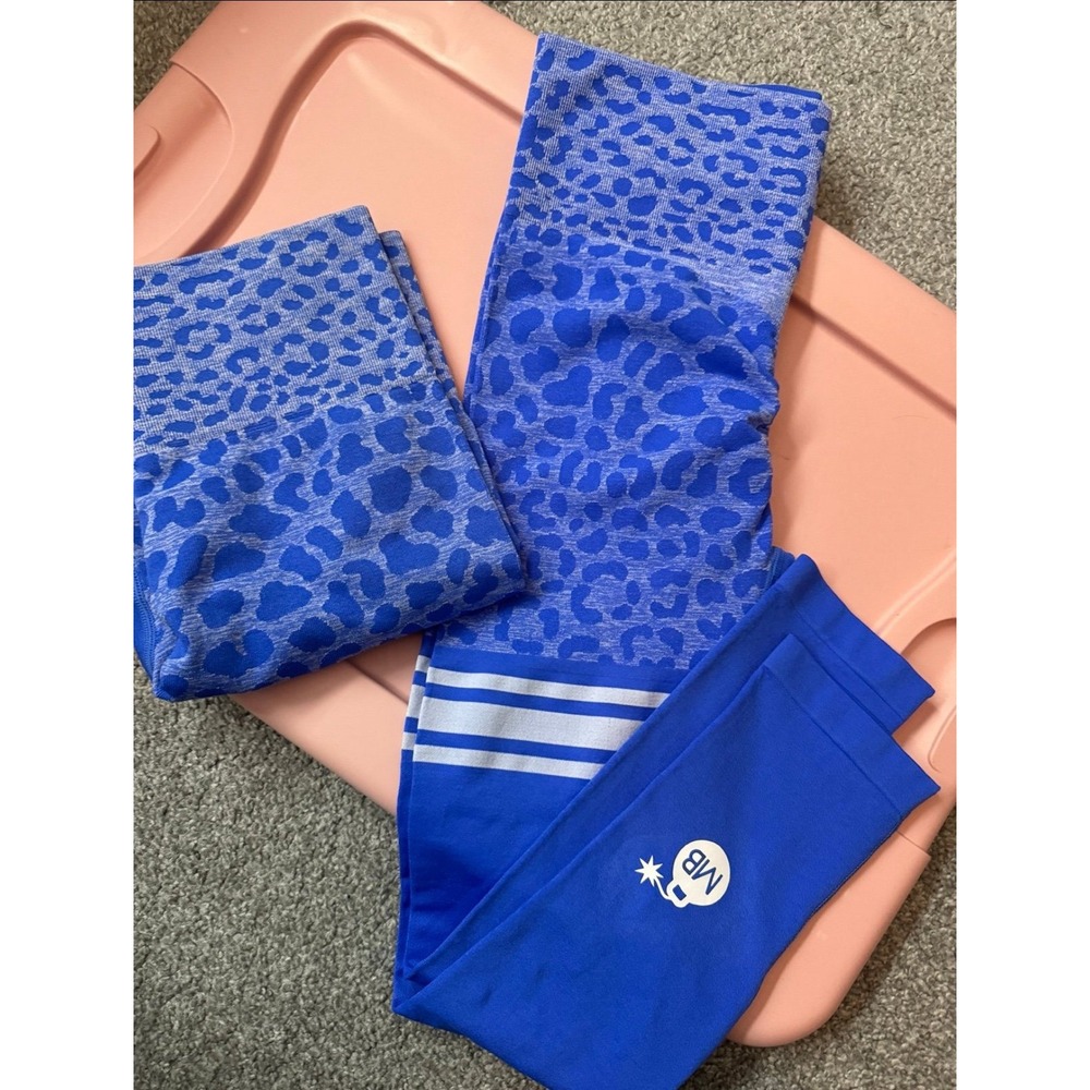 Muscle Nation Blue Leopard Print High Waisted Seamless Gym Leggings Womens Large